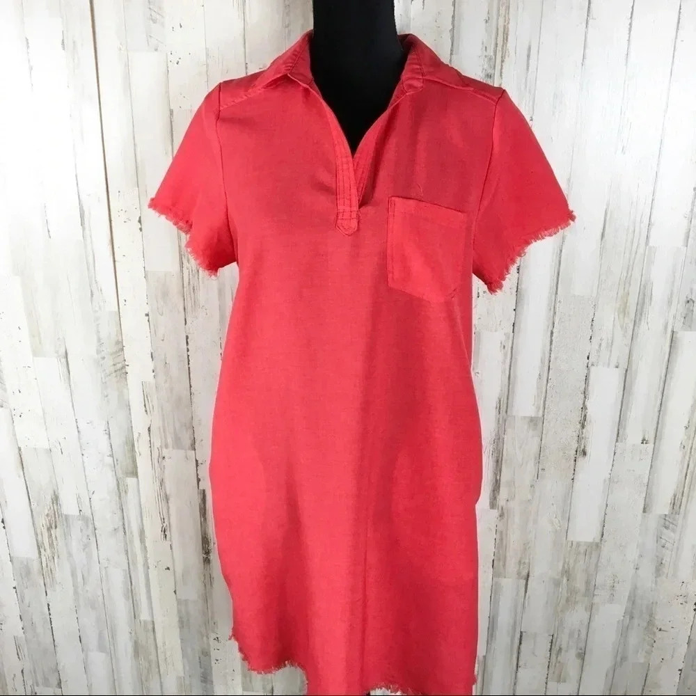 Umgee Red Shift Shirt Dress Pocket Tunic Top Short